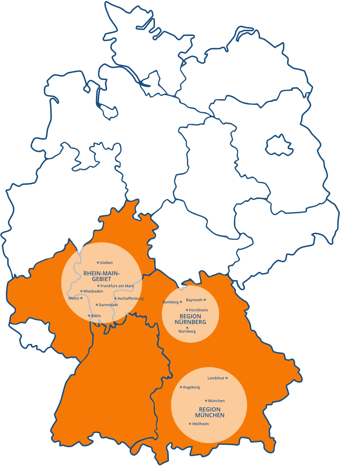 Karte des Einsatzgebiets von Waermequelle: Rhein-Main-Gebiet, Region München und Region Nürnberg.